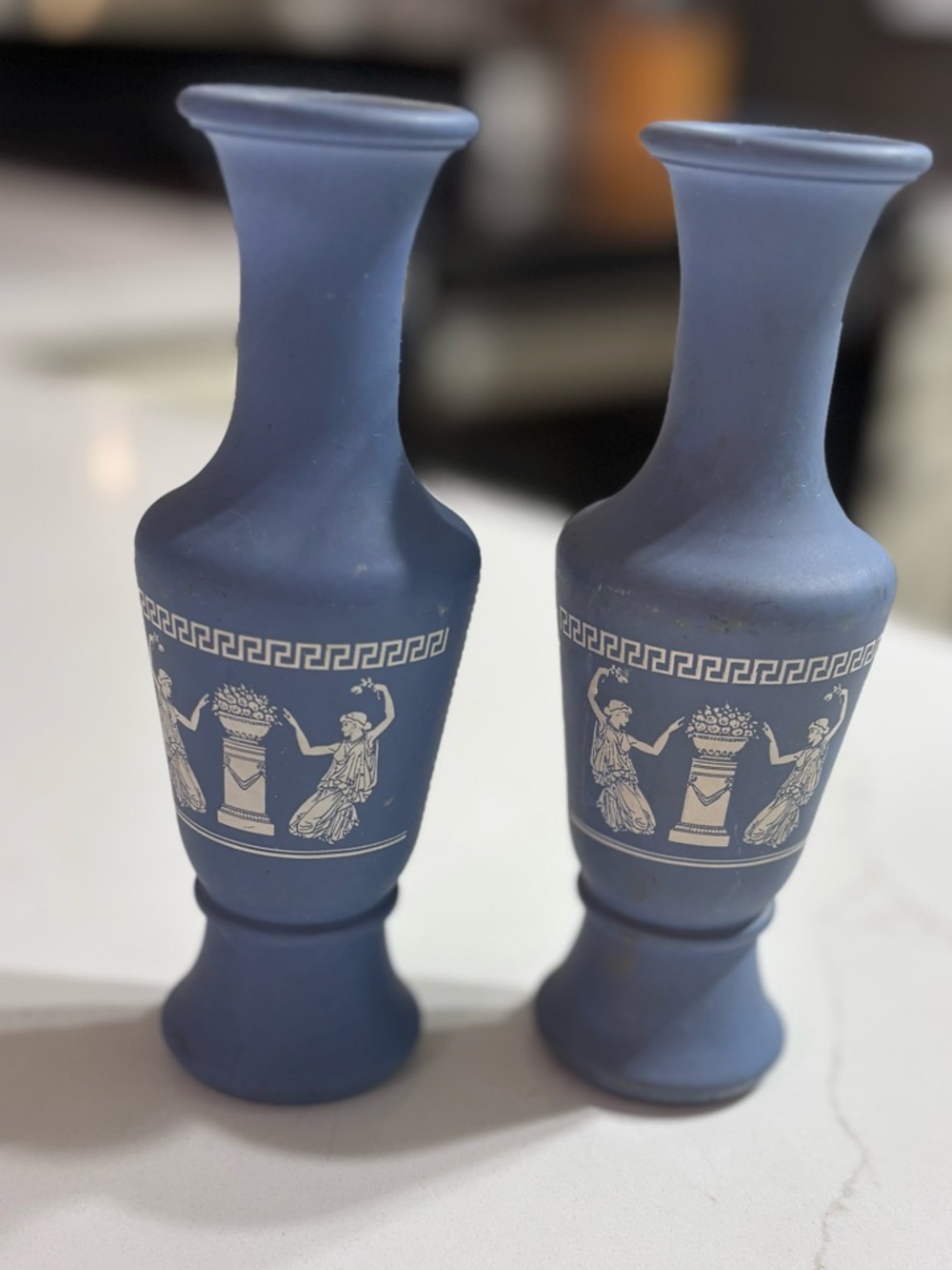 Pair Blue Jasperware Style Bud Vases Greek Key Neoclassical  5” Matte
